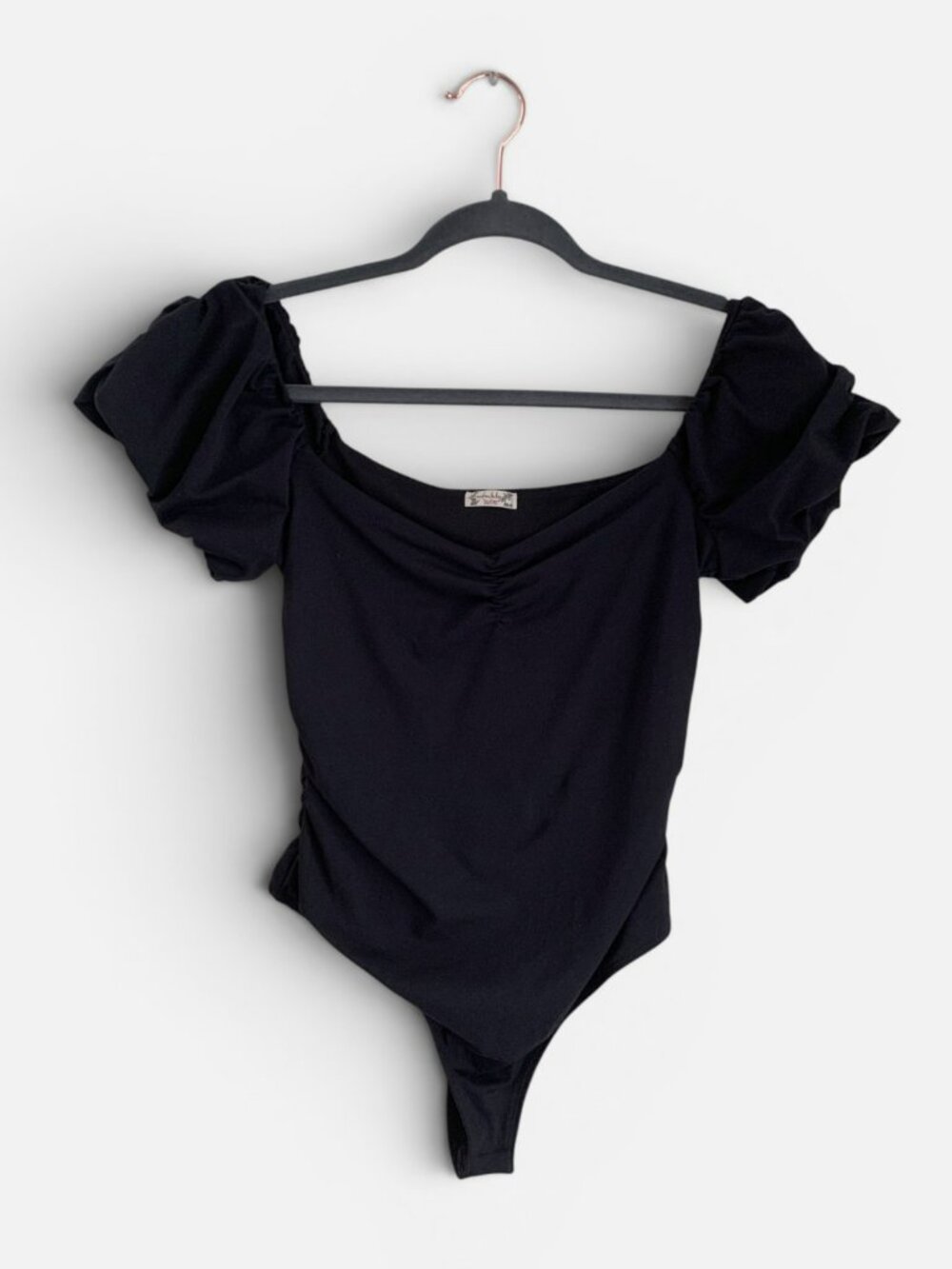 Intimately Free People Black Puff Sleeve Ruched Bodysuit Small